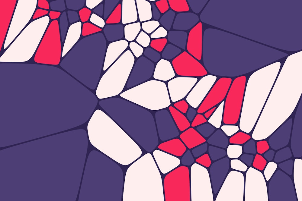 a purple background with red and white shapes