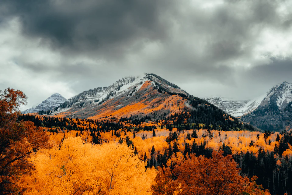 Snow-covered mountains and autumn foliage in Utah