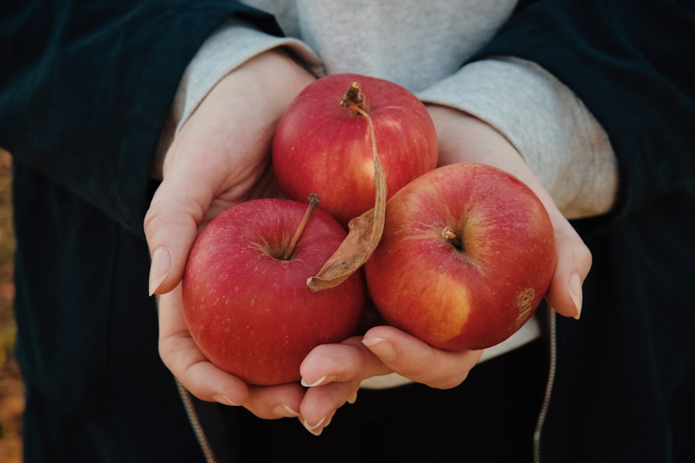 a person holding three apples in their hands
