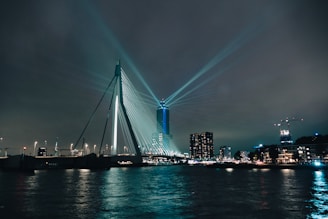 A panoramic shot of a modern urban bridge illuminated at night, reflecting engineering precision and city life.