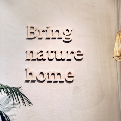 Words in a three-dimensional style on a light-colored wall spell out 'Bring nature home.' A small leafy plant decorates the lower left corner, and a woven wicker lampshade is partially visible on the right.