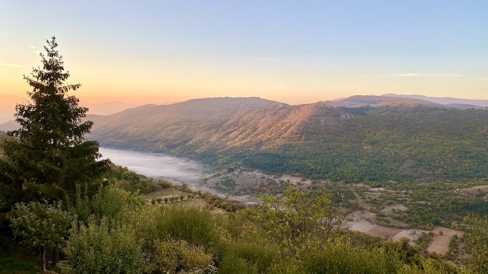 a scenic view of a valley with a river running through it