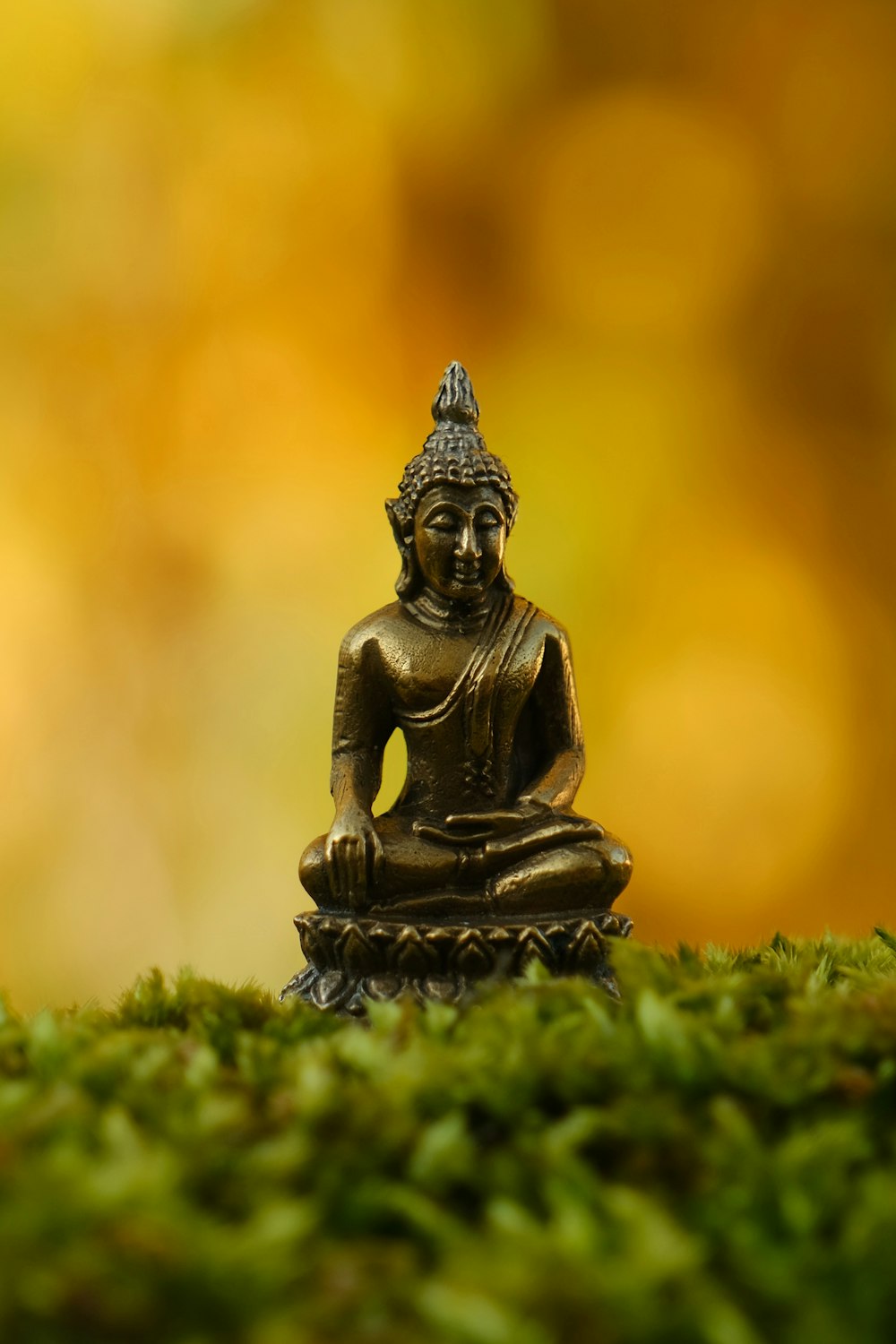 a small buddha statue sitting on top of a lush green field