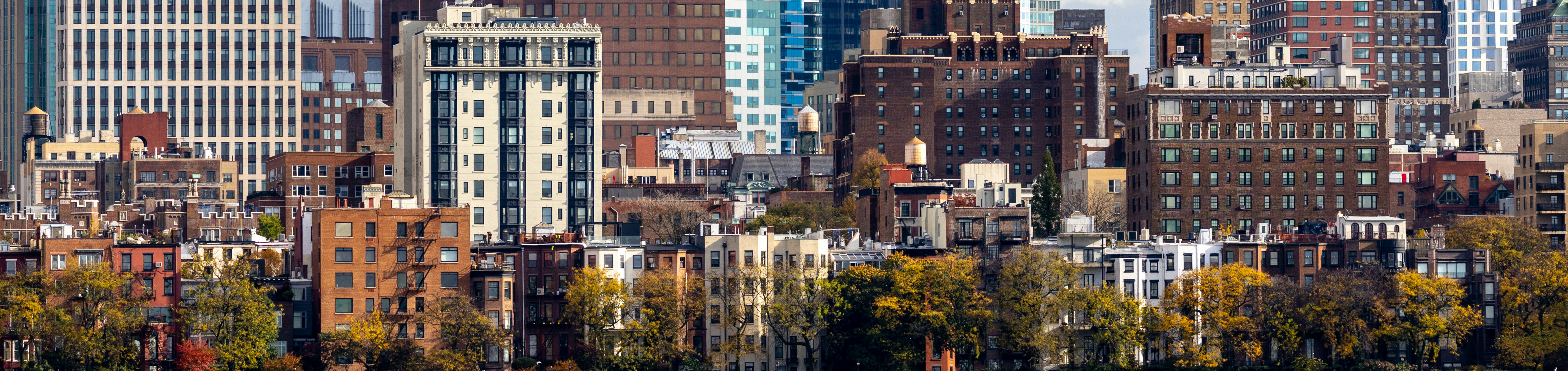 a view of a city with tall buildings, The varied heights, architecture and colors which make the Brooklyn Heights so interesting 