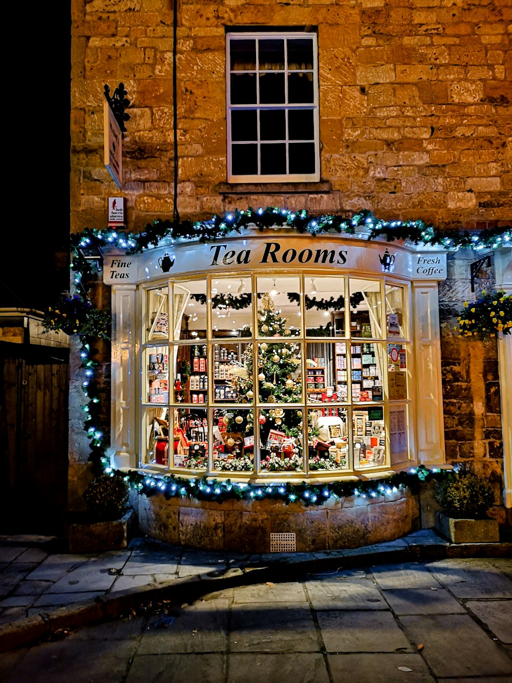 a store front with a lit up christmas tree