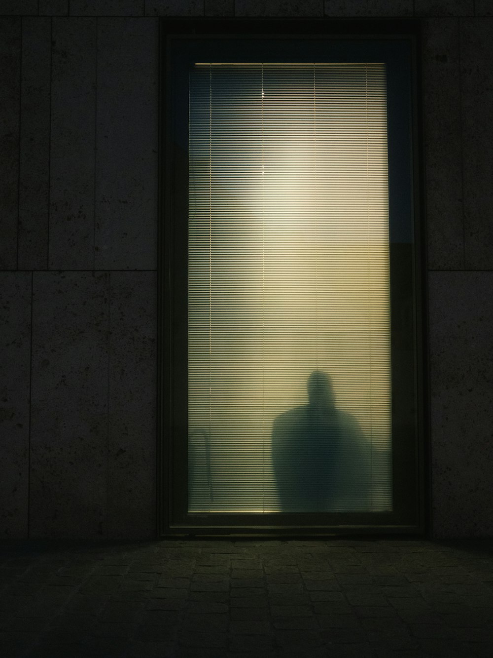 a person standing in front of a window in a dark room