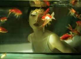 A person gazes through an aquarium filled with vibrant orange and white goldfish, creating an ethereal and dreamlike atmosphere. Soft light filters through the water, casting a greenish hue and reflections on the glass.