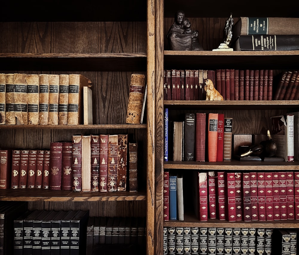 a bookshelf filled with lots of books next to a statue