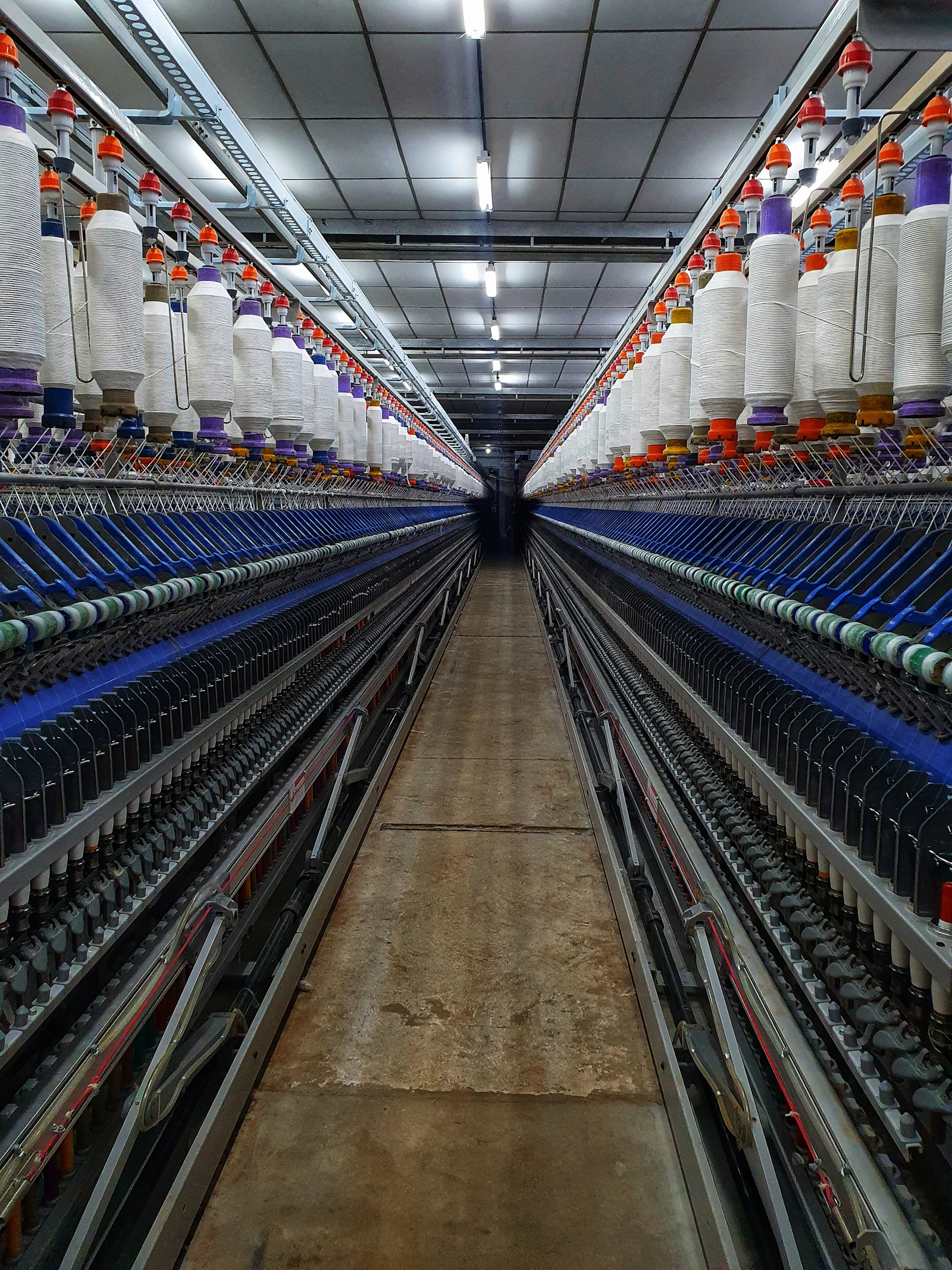 Rows of textile machines and thread spools in a modern factory