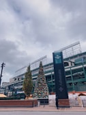 An outdoor scene featuring a large Christmas tree adorned with colorful ornaments. The tree is positioned near a building with visible architectural details, and the sky is overcast. There is a tall sign with the word 'Advocate' on it to the right, and a person dressed in dark clothing is walking nearby.