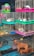 A variety of animals are inside stacked cages, including small dogs and rabbits. The cages are colorful, with prominent pink, green, and blue hues. The animals are mostly lying down and the setup resembles a market or pet shop environment.
