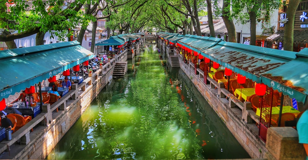 a canal filled with lots of tables covered in umbrellas