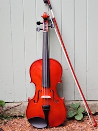 A wooden violin with a glossy finish rests upright against a light green wooden fence. The violin is paired with a bow leaning beside it. The ground is covered with dry leaves and small plants sprouting next to the violin.