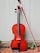 A wooden violin with a glossy finish rests upright against a light green wooden fence. The violin is paired with a bow leaning beside it. The ground is covered with dry leaves and small plants sprouting next to the violin.