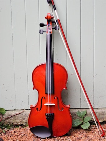 A wooden violin with a glossy finish rests upright against a light green wooden fence. The violin is paired with a bow leaning beside it. The ground is covered with dry leaves and small plants sprouting next to the violin.
