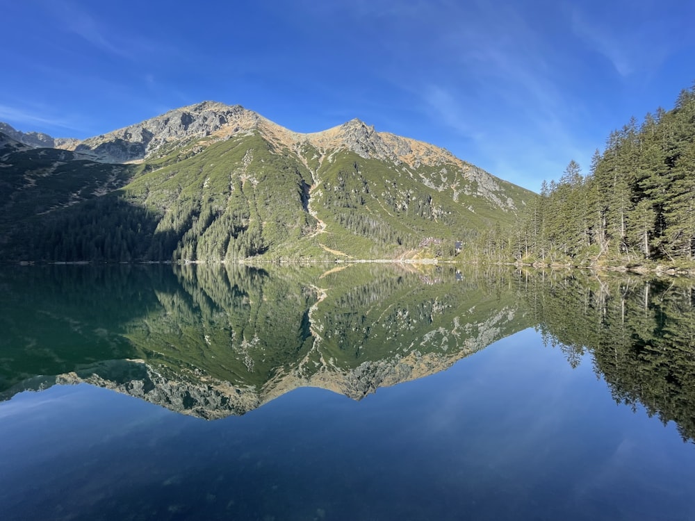 a lake surrounded by mountains and trees on a sunny day