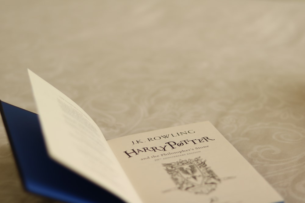 a harry potter book opened on a table