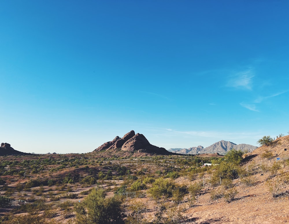 a view of a desert with mountains in the background