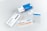 A collection of items related to a test kit, including a white and blue box labeled 'testalize.me', a sealed return envelope, a small vial, an information booklet, a code card, a pipette, and a clear plastic bag with a blue strip.