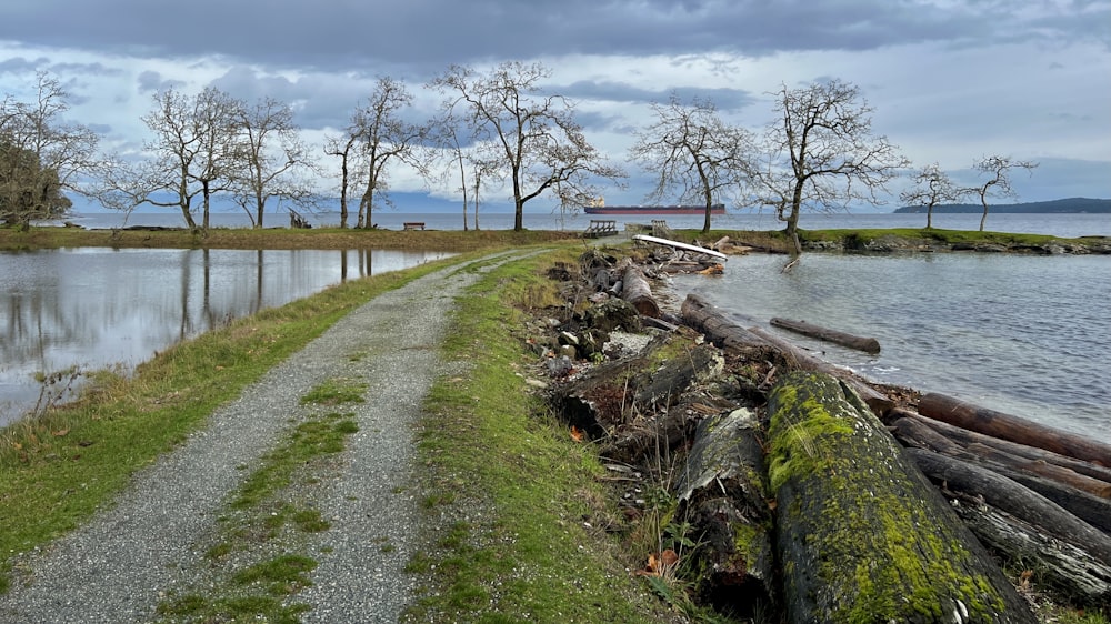 a dirt road next to a body of water