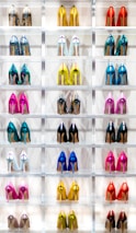 A neatly arranged display of various women's shoes in soft tones, highlighting delicate details and textures.