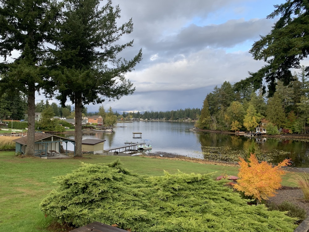 a lake surrounded by trees and a dock