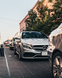 A fleet of Mercedes Vito VIP vehicles lined up for rental service.