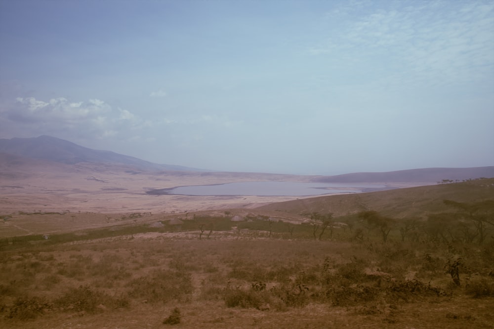 a large body of water sitting in the middle of a dry grass field
