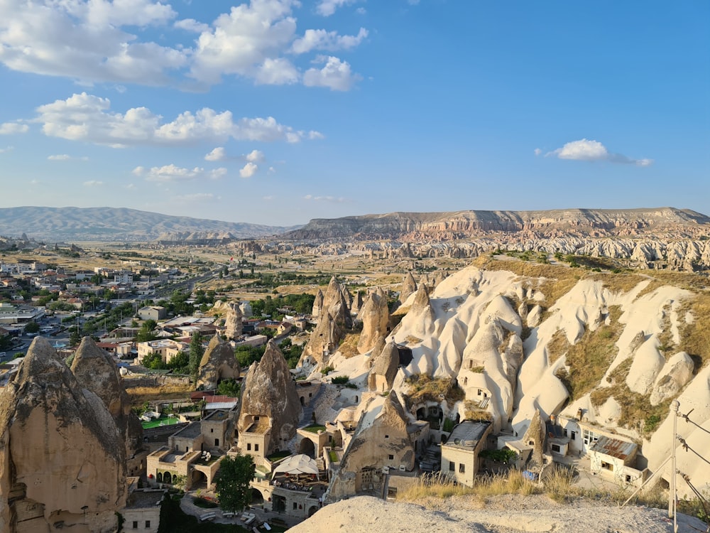 a scenic view of a city in the mountains