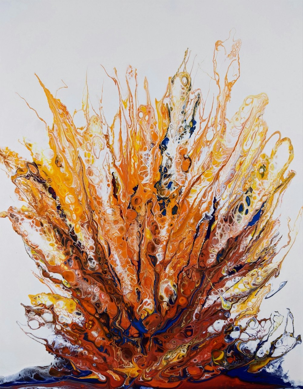 a painting of orange and blue leaves on a white background