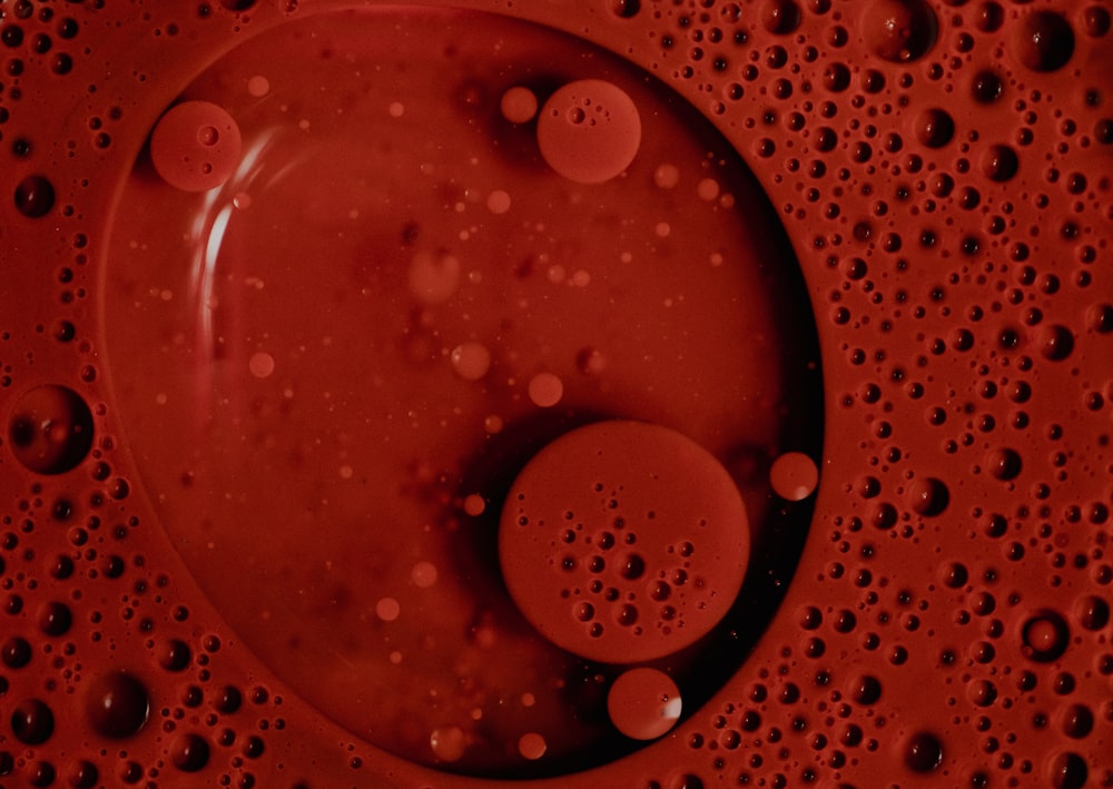 a close up of a red liquid with bubbles