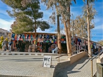 Outdoor market scene with a stall displaying an array of colorful clothing items such as shirts and dresses. Trees provide shade over the market area, while a sign directs towards restrooms. Visitors browse through the merchandise under a clear blue sky.