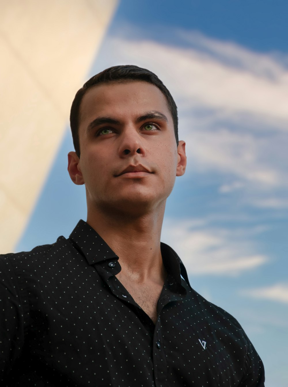 a man with a black shirt and a blue sky in the background