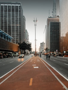 a city street lined with tall buildings and tall skyscrapers