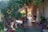 A lush garden patio is adorned with various potted plants and blooming flowers. The space features wooden furniture, including a dining table and chairs, set on terracotta tiles. Sunlight filters through leafy green vines that create natural shade. Decorative elements like lanterns and sculptures add to the serene atmosphere.