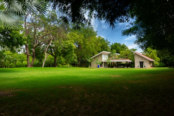 Modern custom home exterior with landscaped front yard and clear sky background
