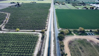 an aerial view of a road running through a field