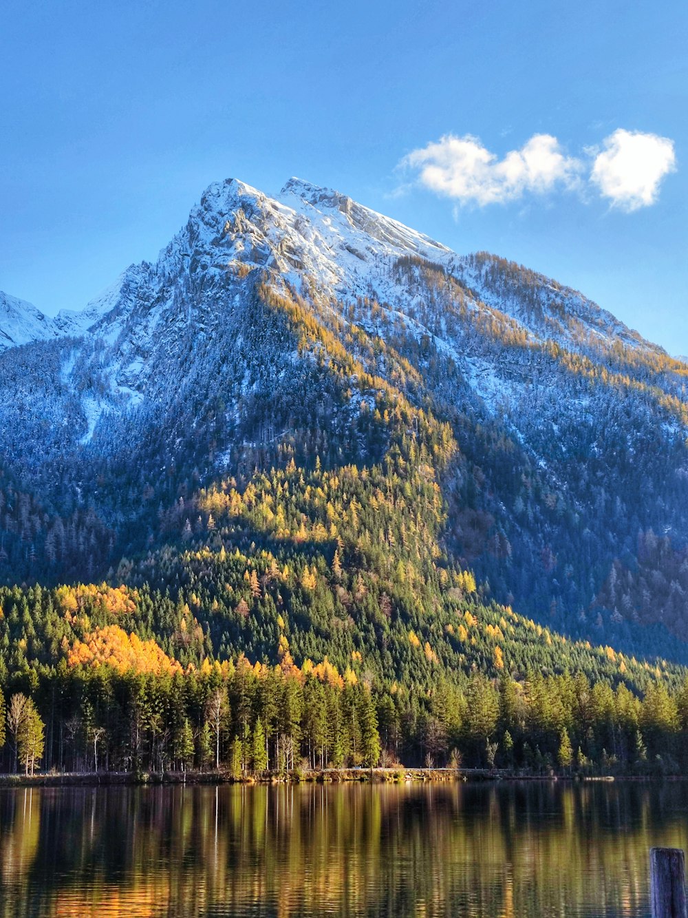 a mountain covered in snow next to a lake