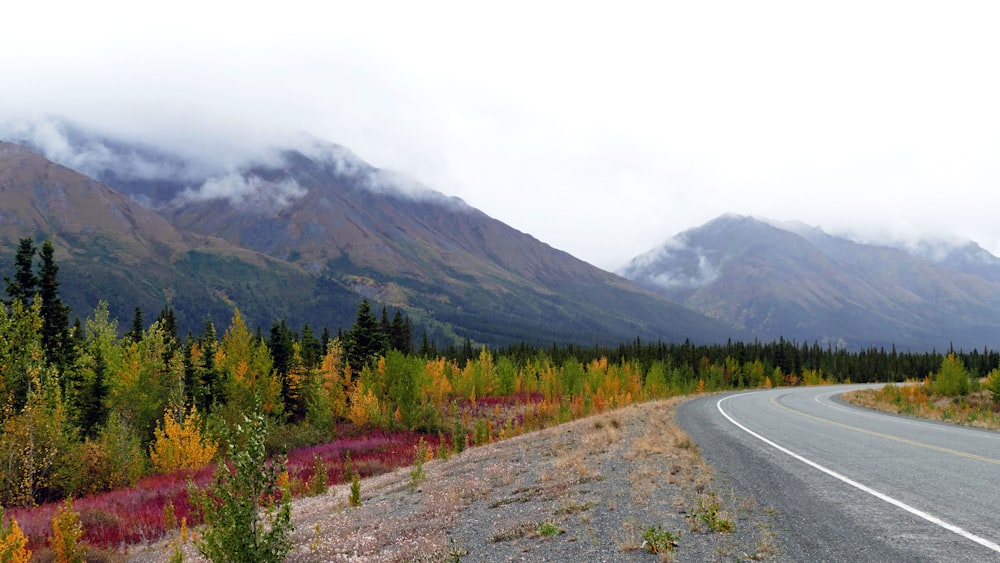 a road with a mountain in the background