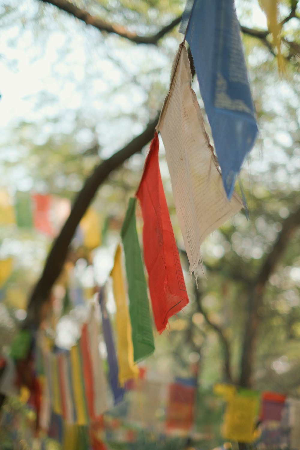 a bunch of colorful flags hanging from a tree