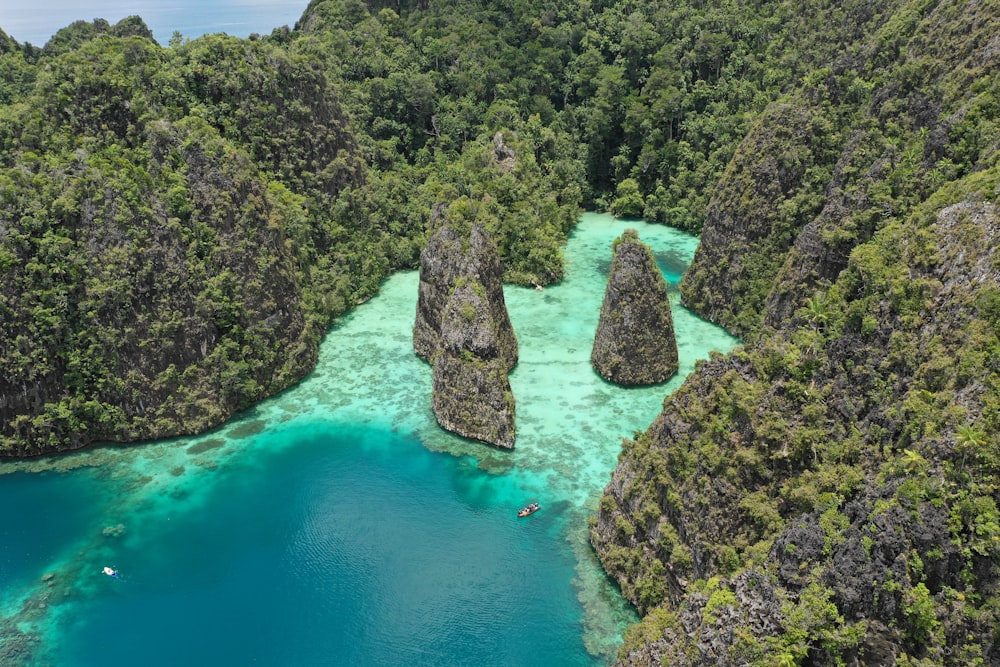 an aerial view of a lagoon surrounded by trees