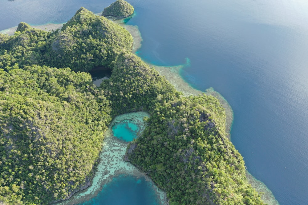 an aerial view of a lagoon surrounded by trees