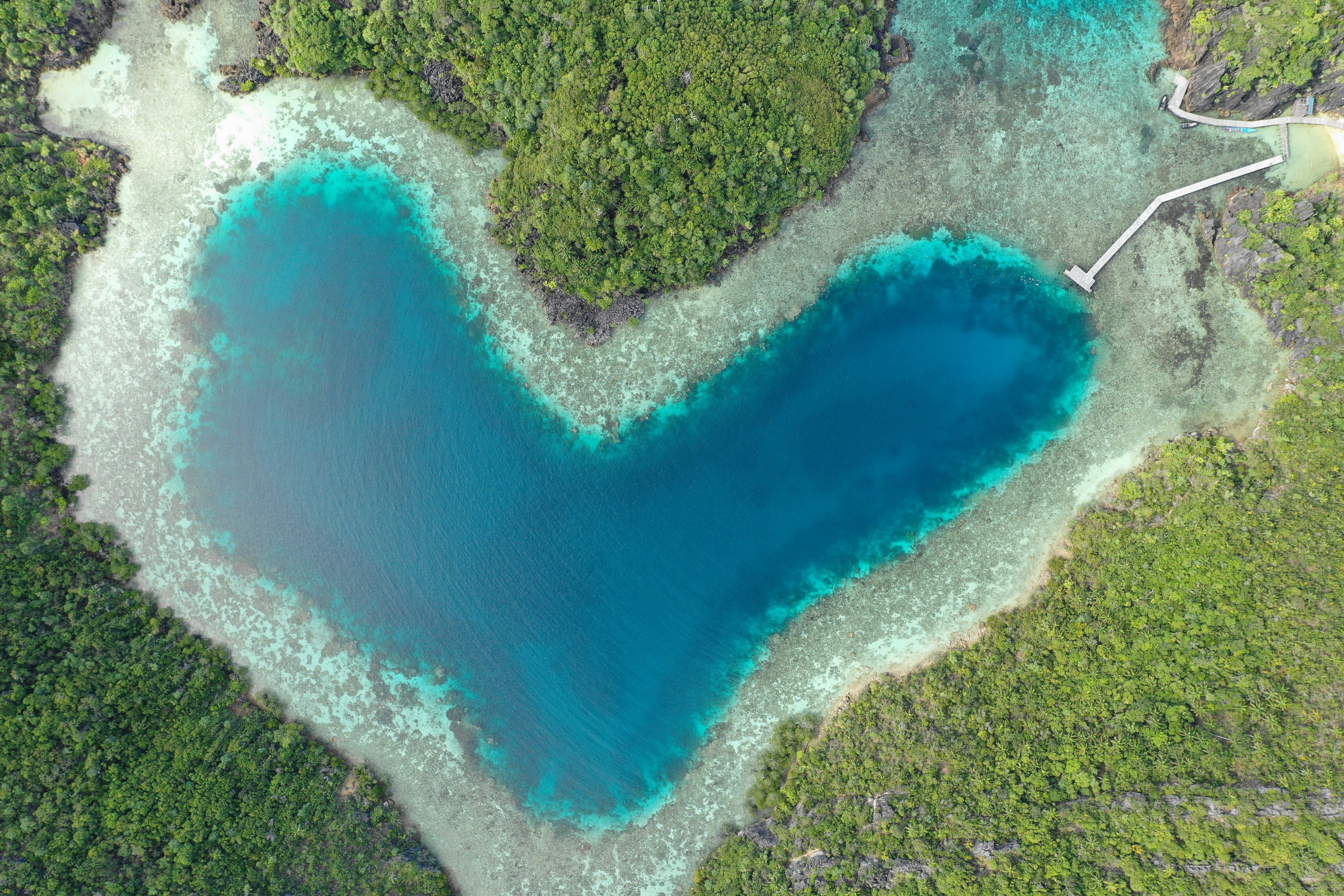 an aerial view of a heart shaped body of water, 