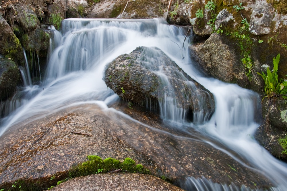 a small waterfall flowing over rocks in a forest