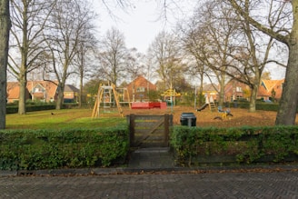 A playground is surrounded by tall, leafless trees and bordered by a low hedge. The playground equipment includes swings, slides, and seesaws. Beyond the playground are houses with orange tiled roofs, set against a clear sky.