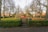 A playground is surrounded by tall, leafless trees and bordered by a low hedge. The playground equipment includes swings, slides, and seesaws. Beyond the playground are houses with orange tiled roofs, set against a clear sky.