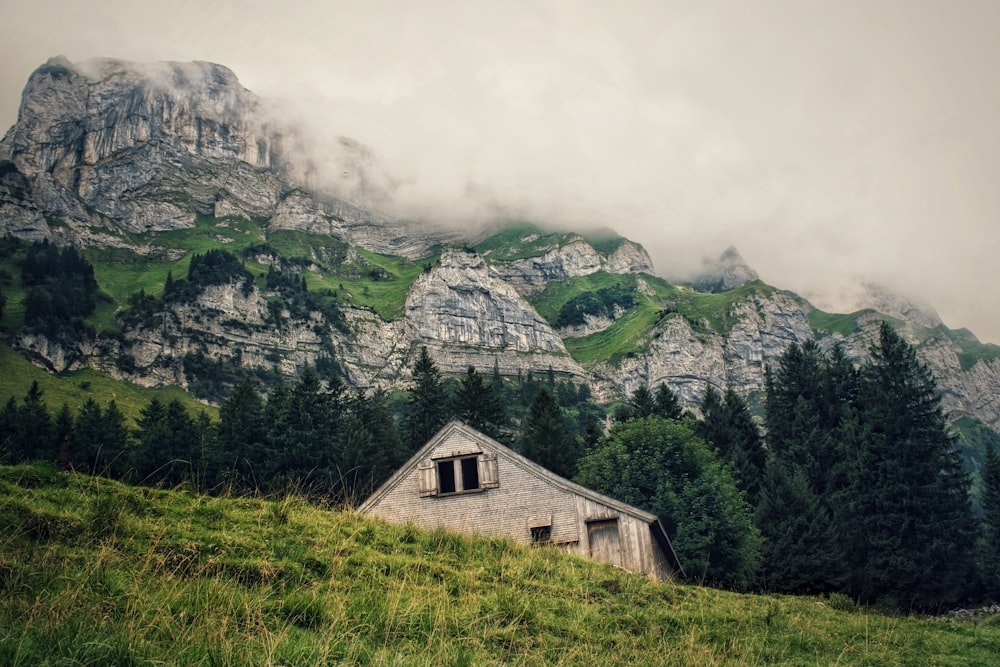 a small building on a grassy hill with a mountain in the background