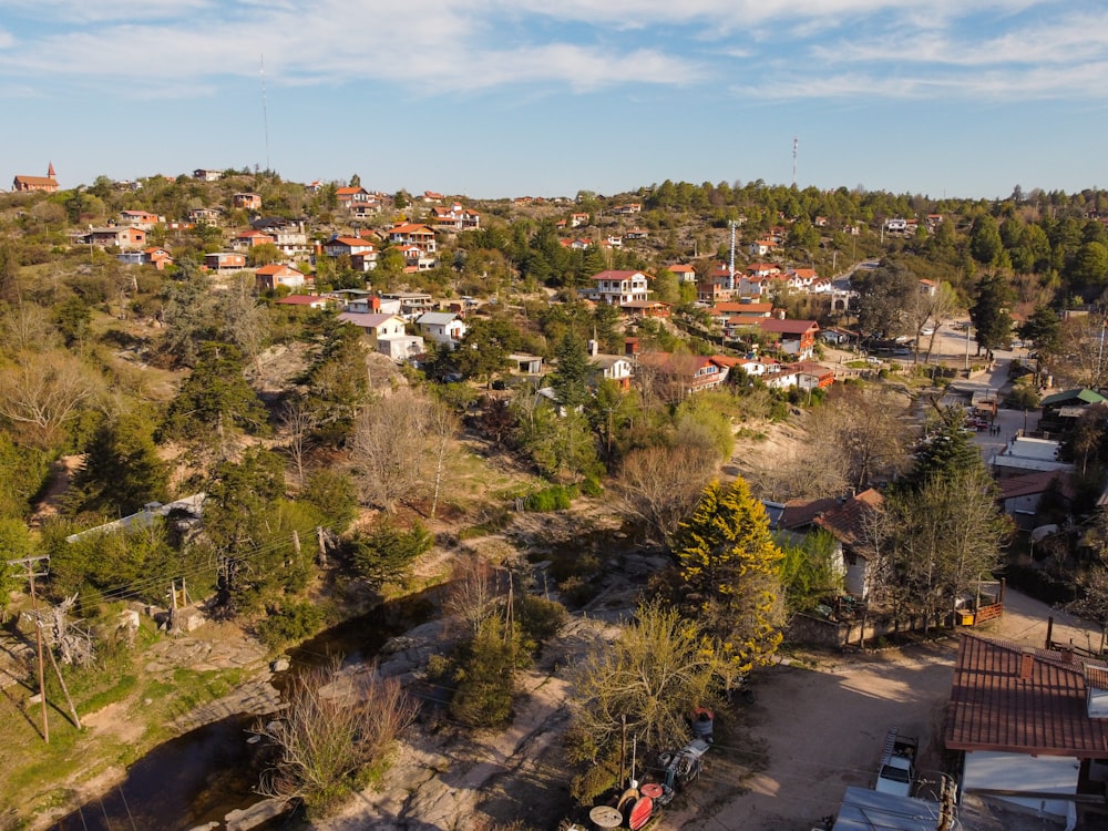 an aerial view of a small town surrounded by trees