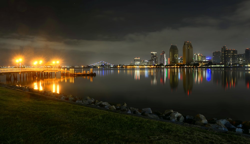 a large body of water with a city in the background