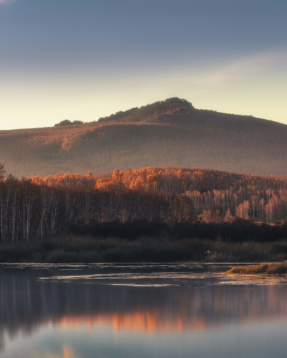 a lake surrounded by trees with a mountain in the background